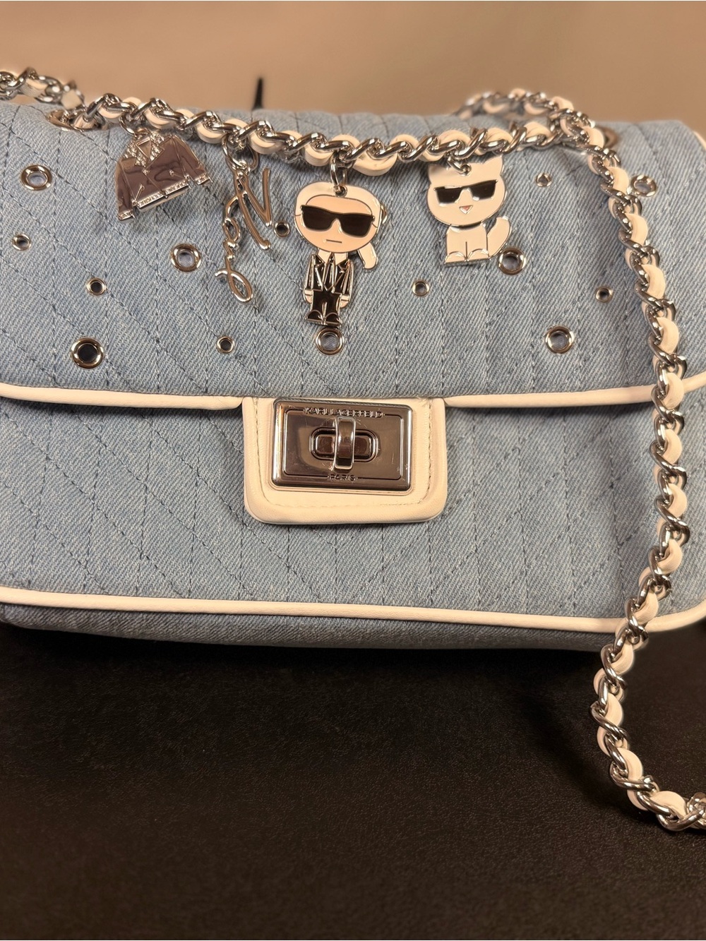 Karl Lagerfeld Light Blue Quilted Denim Shoulder Bag with Chain
